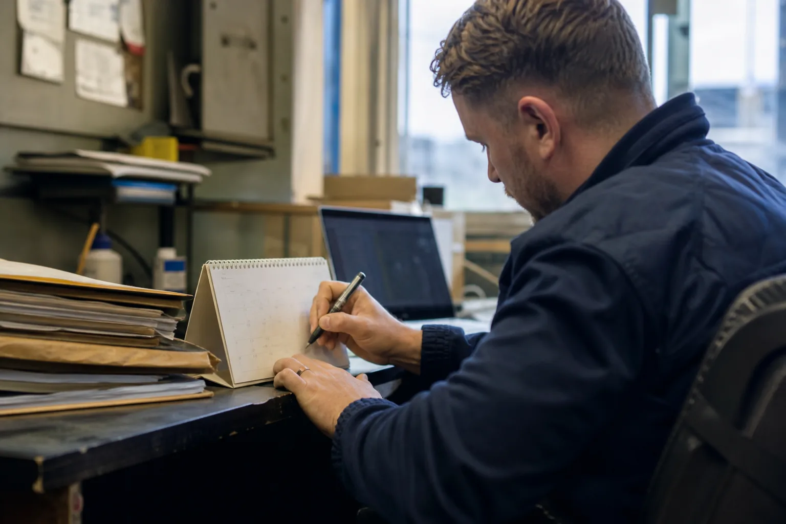Operations manager marking a contract notice date in a desk calendar beside a laptop