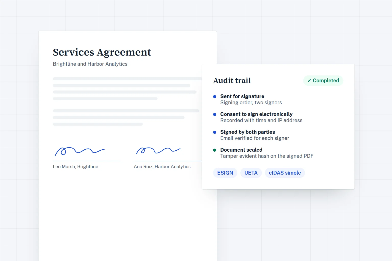 Signed services agreement with its audit trail, consent record and tamper evident seal