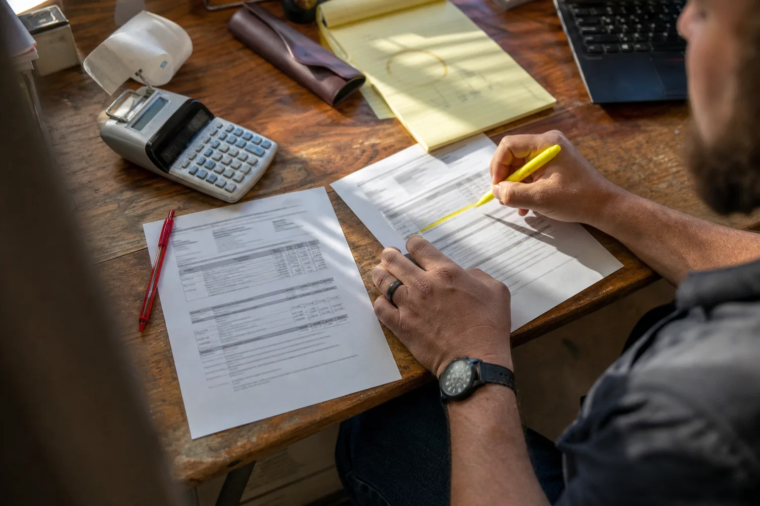 Hands marking up two printed contract software quotes with a highlighter beside a calculator