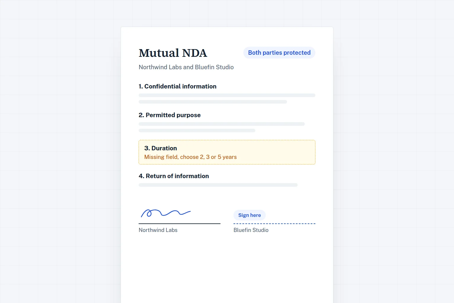 Mutual NDA with a missing duration field flagged and one signature still to collect