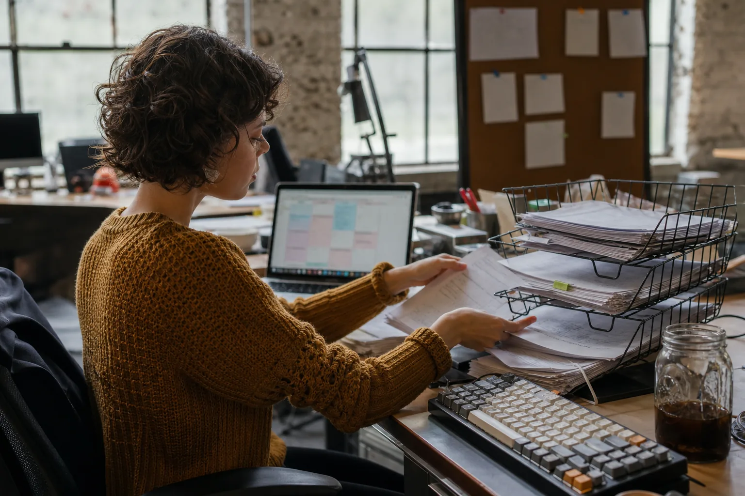 Revenue operations lead sorting printed agreements into draft, approval and signed trays on her desk