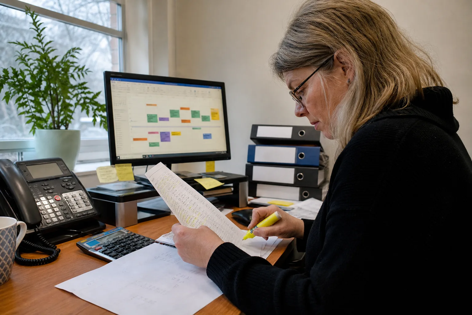Finance manager highlighting a contract notice date on a printed renewal list next to her monitor