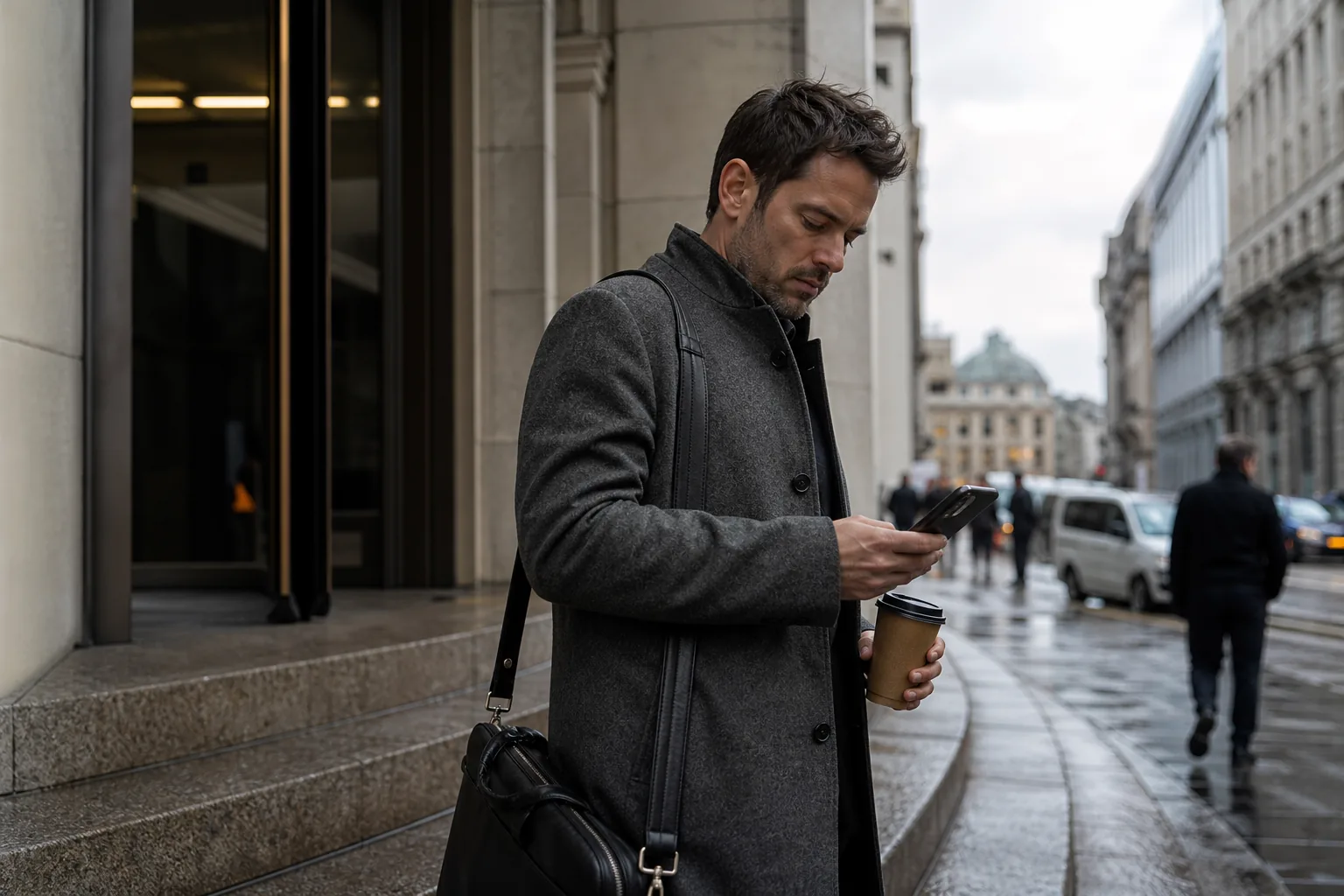 Agency founder signing an agreement on his phone on the steps outside a client office