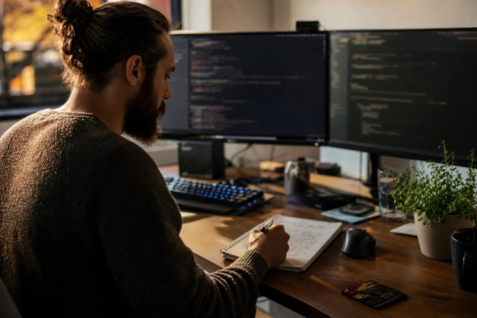 Software engineer testing a signed agreement webhook at a desk with two monitors