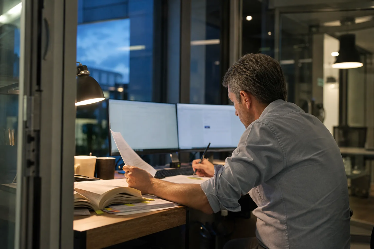 In-house counsel reviewing a clause on two monitors with a printed agreement beside the keyboard