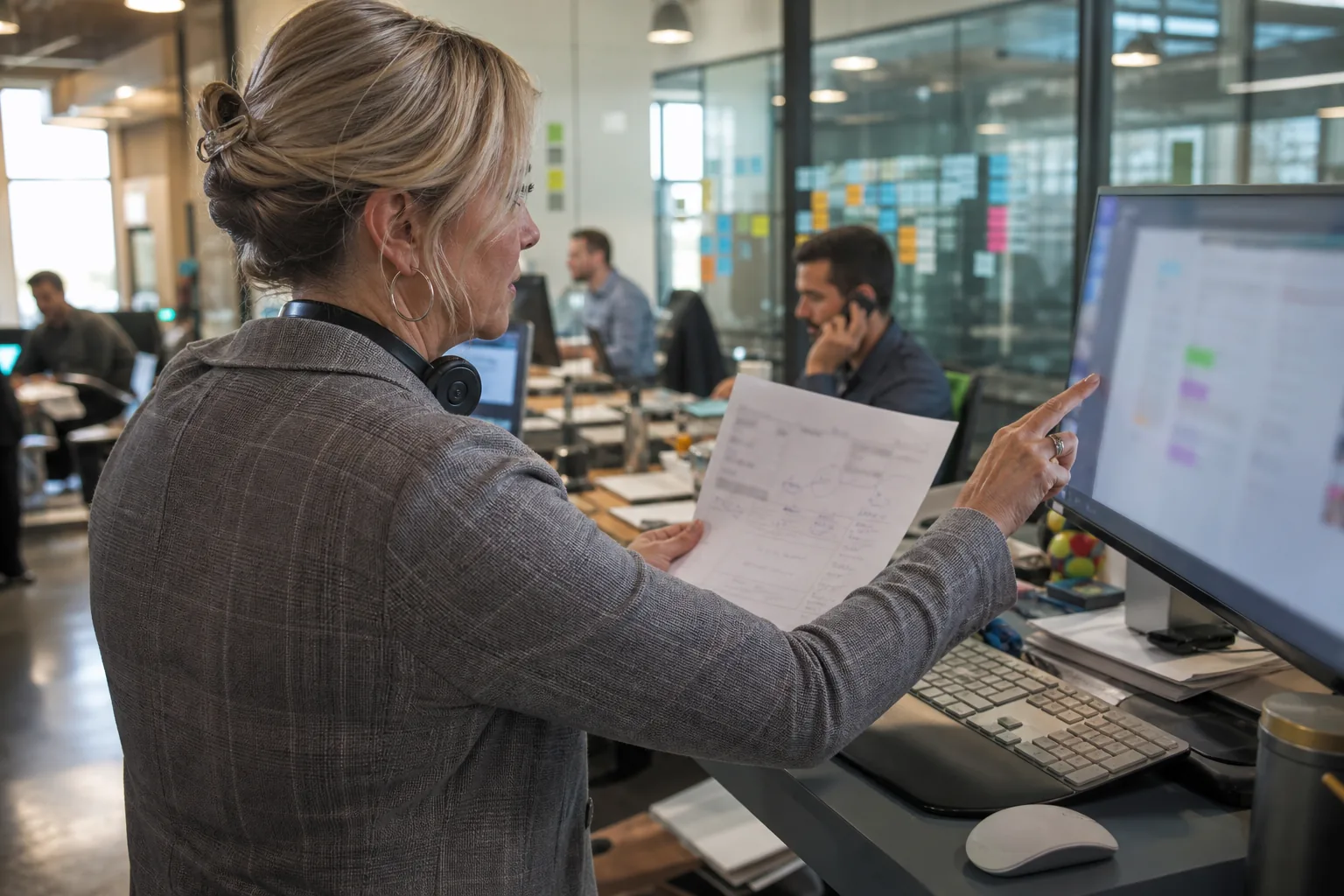 Head of sales at a standing desk comparing a printed order form with the deal record on screen