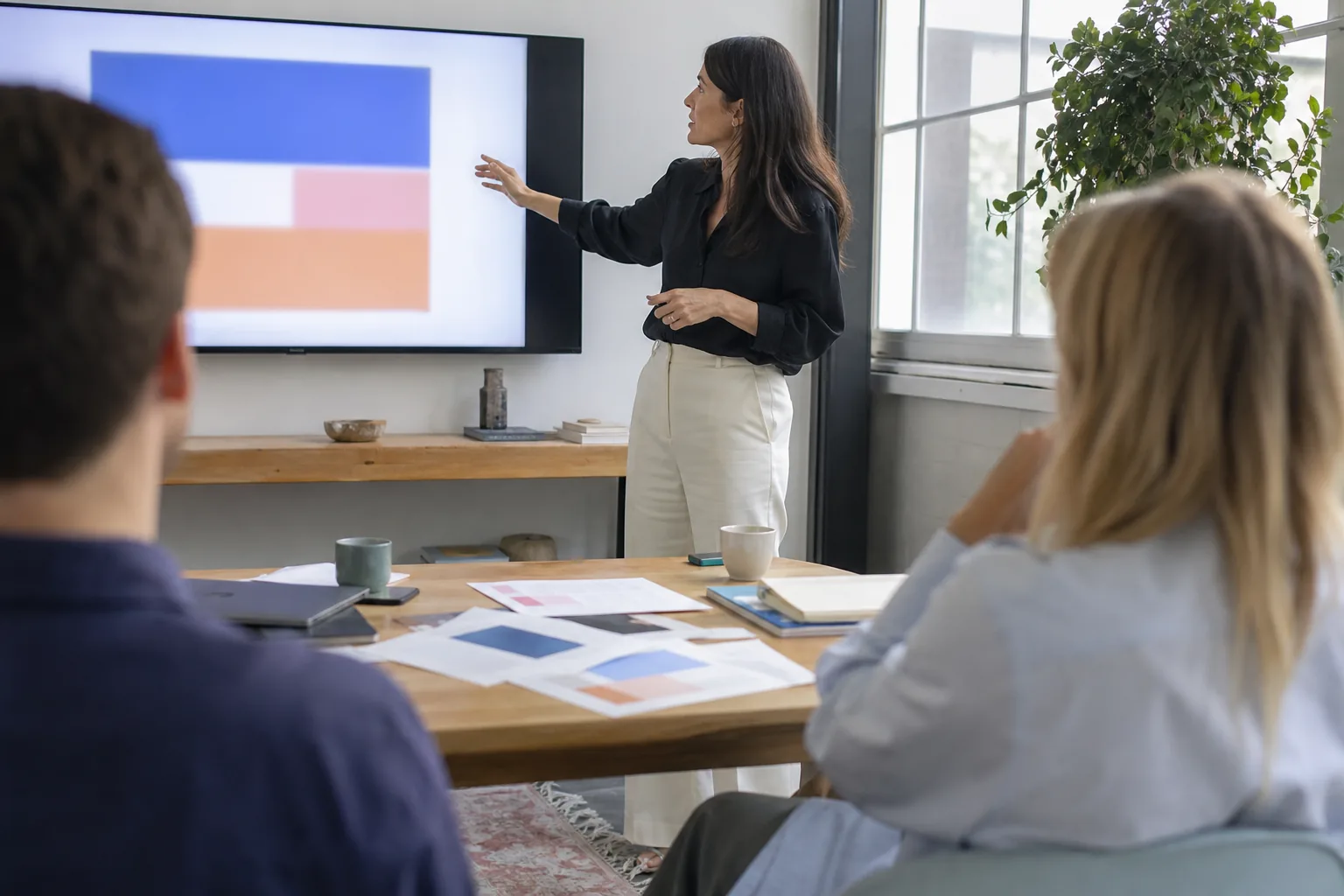 Agency founder walking a client through a proposal on a large screen in a studio
