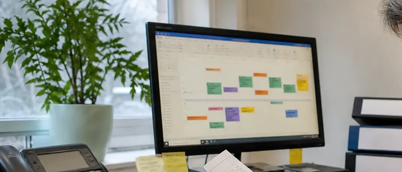 Monitor with a contract renewal calendar beside a desk phone and ring binders