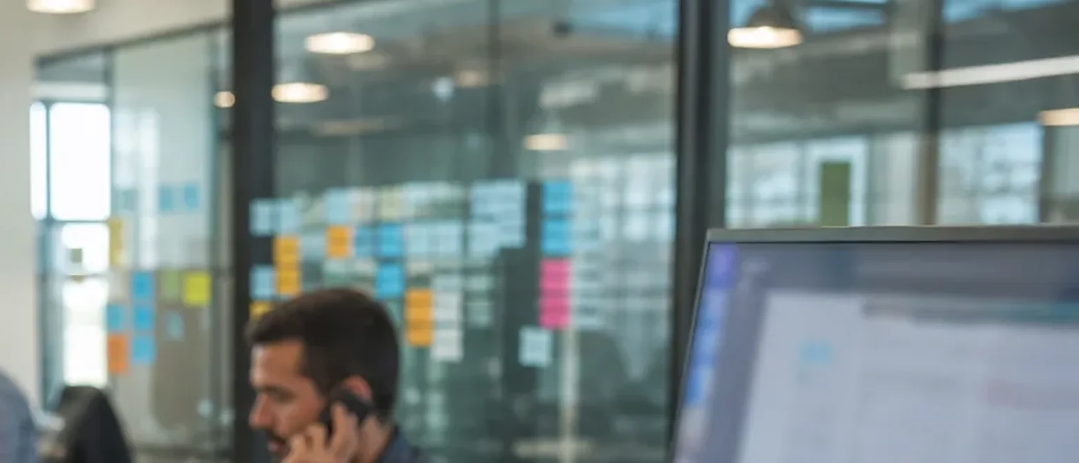 Sales floor with a pipeline board behind glass while a rep takes a call