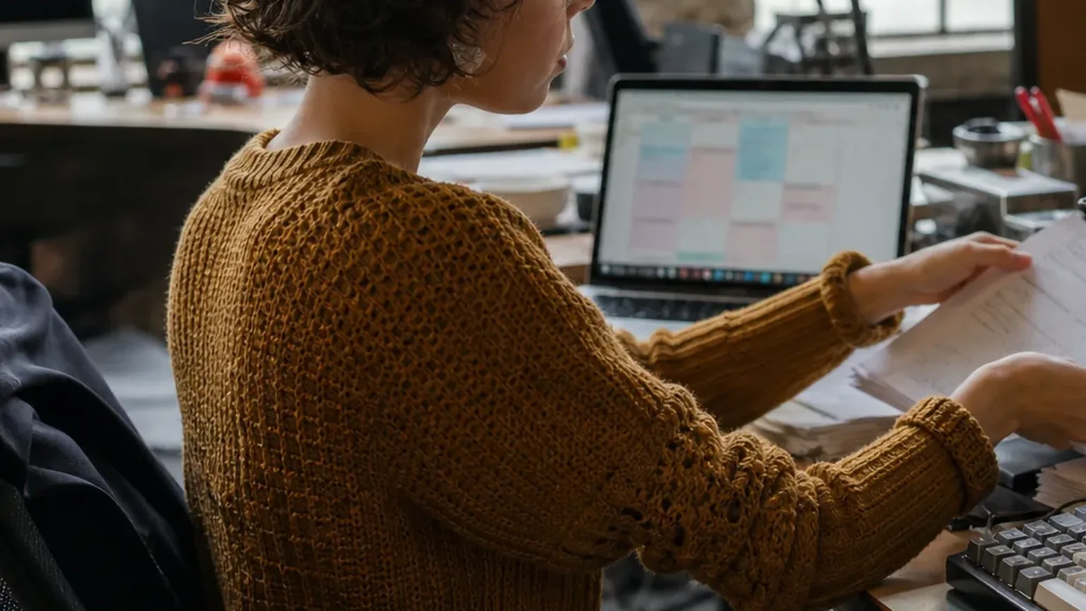 Revenue operations lead moving printed agreements between stages at her desk