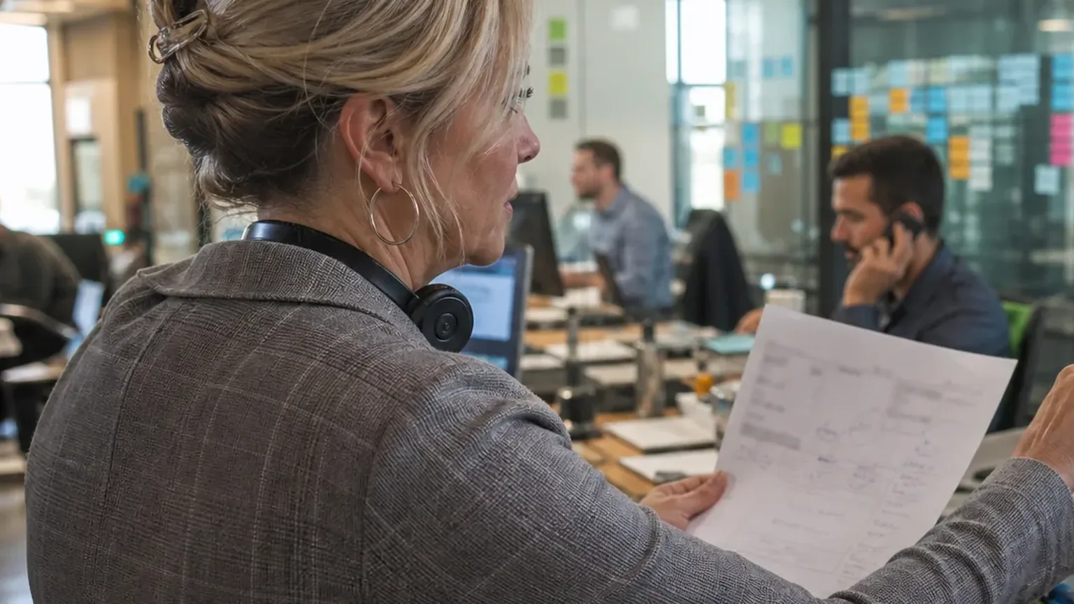 Sales lead checking a generated order form against the deal record on her monitor