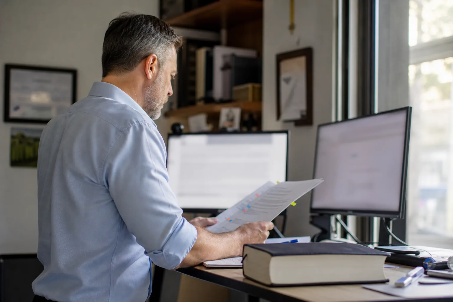 In house counsel reviewing a supplier agreement on two screens at a standing desk