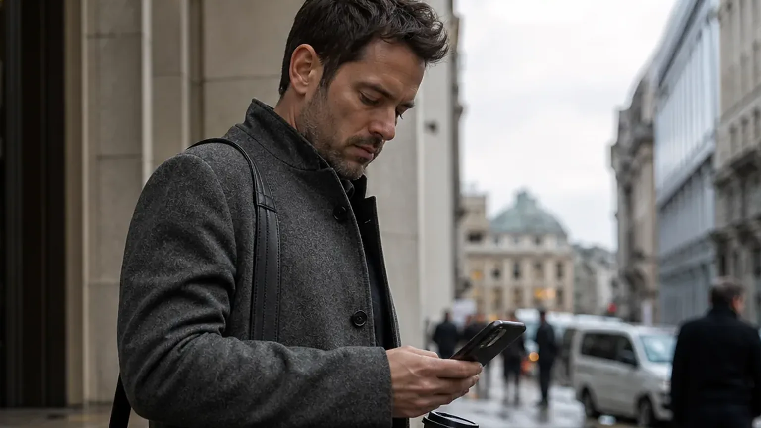 Founder reading a non disclosure agreement on his phone on the way to a partner meeting