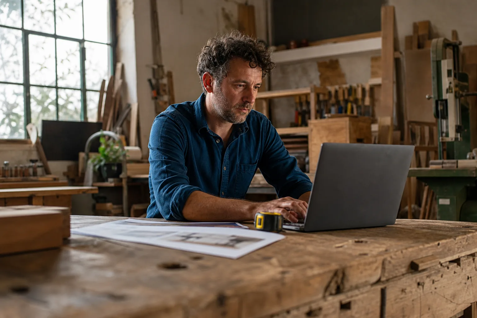 Owner of a small studio preparing a client agreement on a laptop at the workshop counter