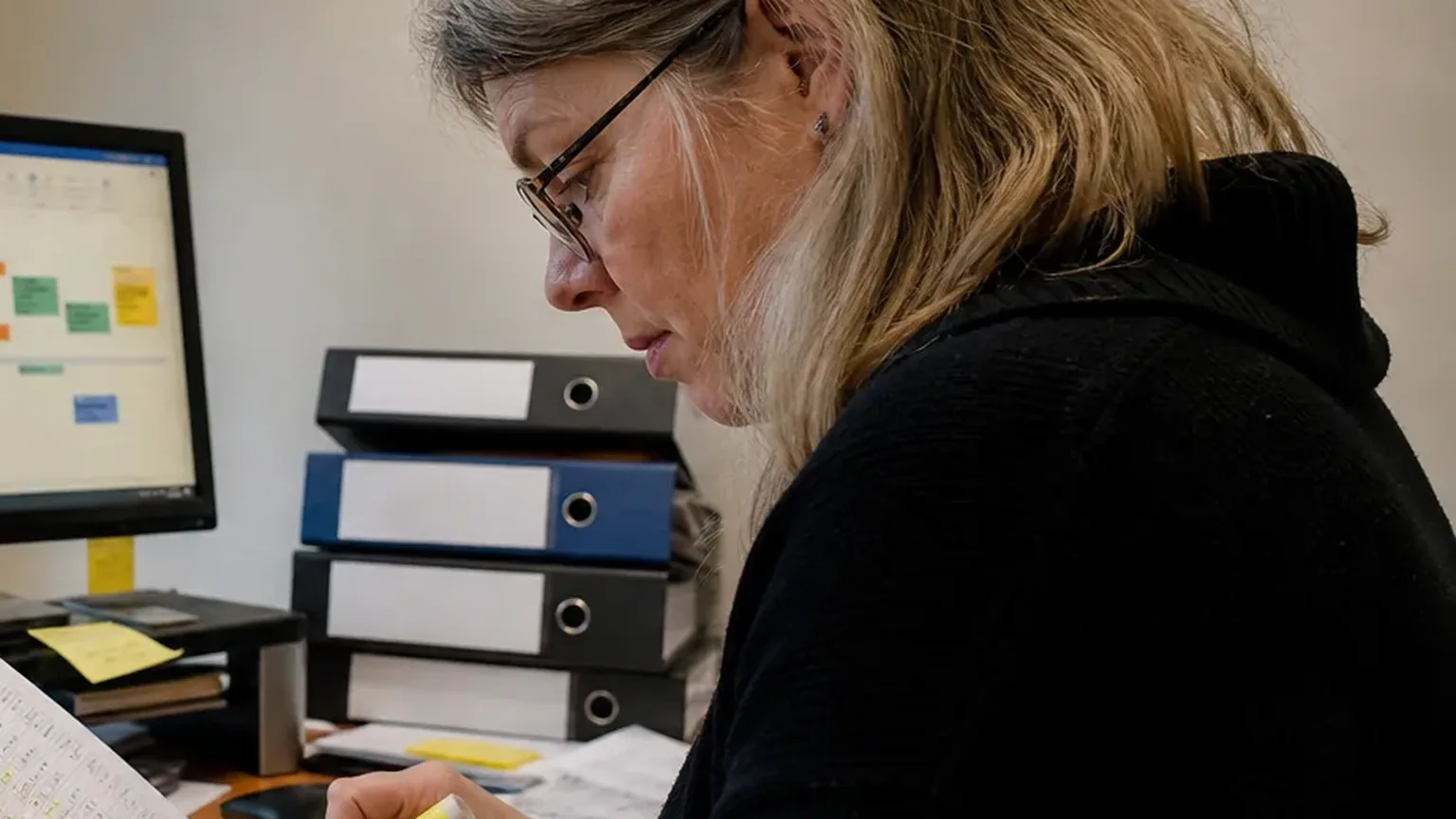 Contracts manager working through a master service agreement next to a shelf of binders