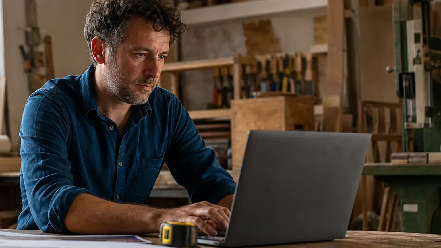Workshop owner reviewing a services agreement on a laptop at his workbench