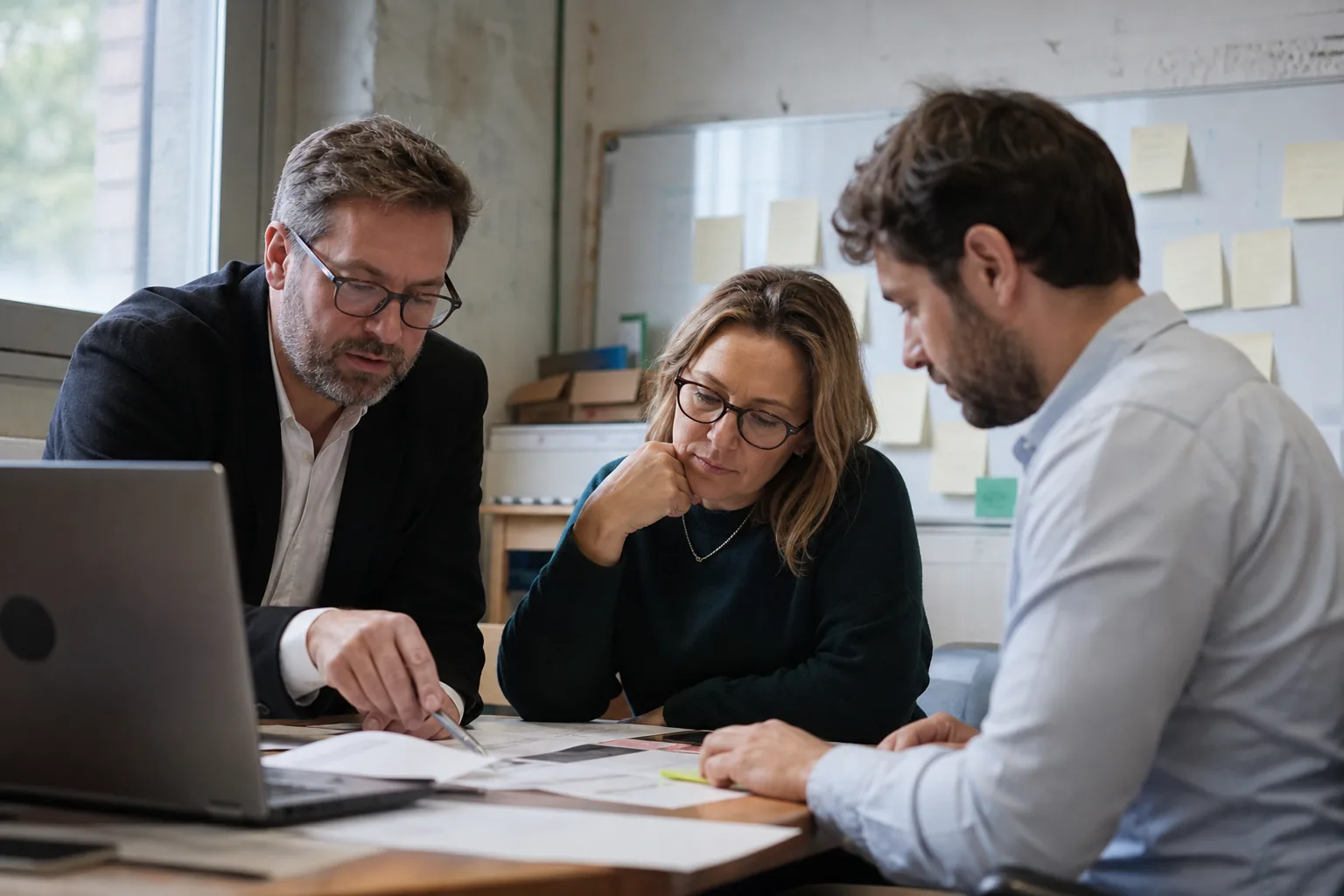 Agency team reviewing printed agreement pages at a whiteboard